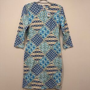J Mclaughlin Womens Sophia Dress Small Needlepoint Geo 3/4 Sleeve Catalina‎ Blue